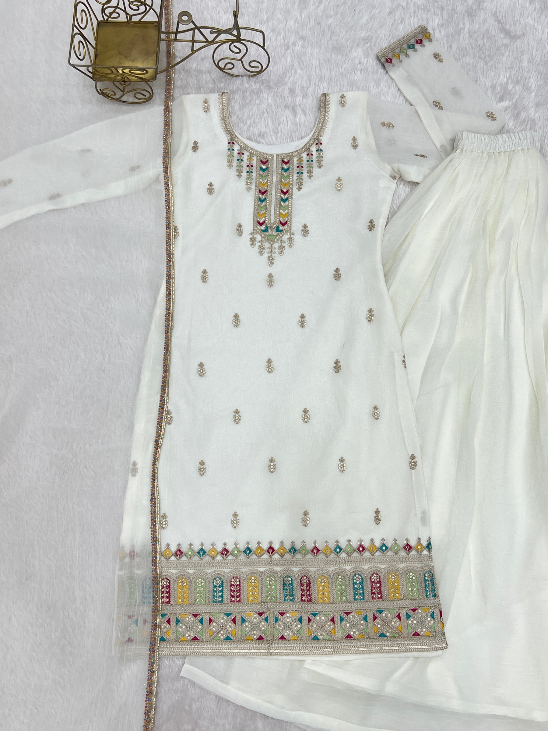 Lorenvalley Fashion White Crunchy Silk with Embroidery Sequence, Dori, Jari Work Kurta Palazzo with Dupatta | Grocsy