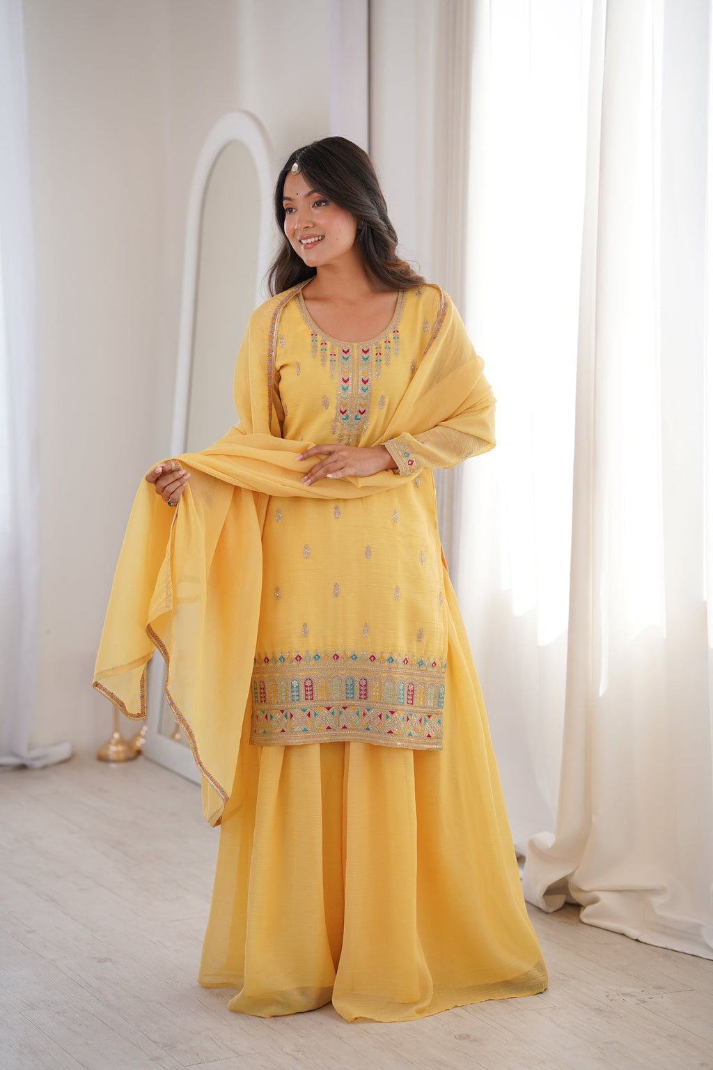 Lorenvalley Fashion Yellow Crunchy Silk with Embroidery Sequence, Dori, Jari Work Kurta Palazzo with Dupatta | Grocsy