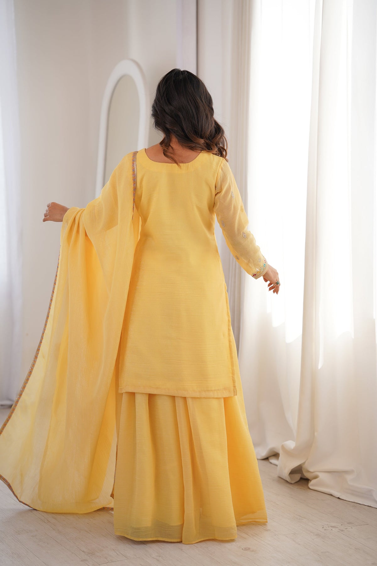 Lorenvalley Fashion Yellow Crunchy Silk with Embroidery Sequence, Dori, Jari Work Kurta Palazzo with Dupatta | Grocsy