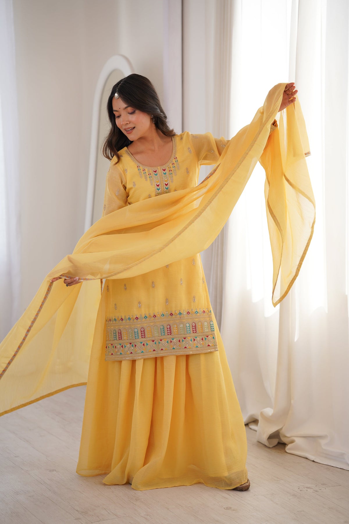 Lorenvalley Fashion Yellow Crunchy Silk with Embroidery Sequence, Dori, Jari Work Kurta Palazzo with Dupatta | Grocsy