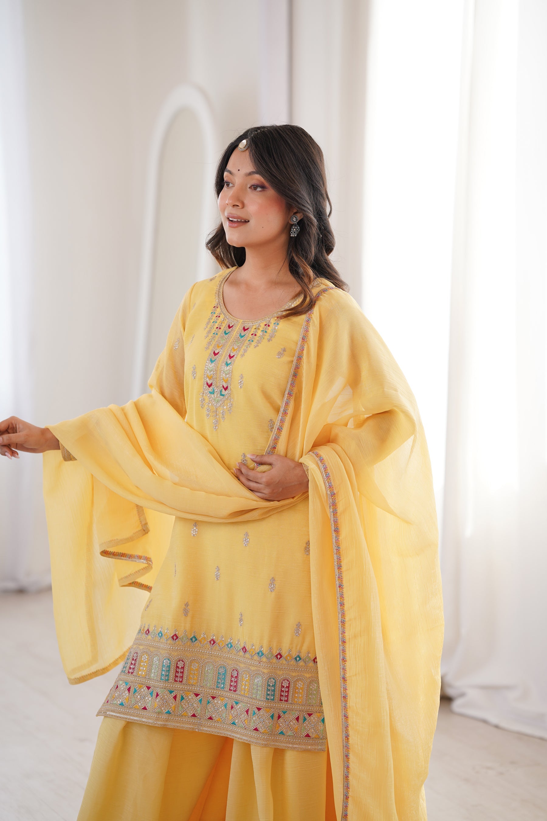 Lorenvalley Fashion Yellow Crunchy Silk with Embroidery Sequence, Dori, Jari Work Kurta Palazzo with Dupatta | Grocsy
