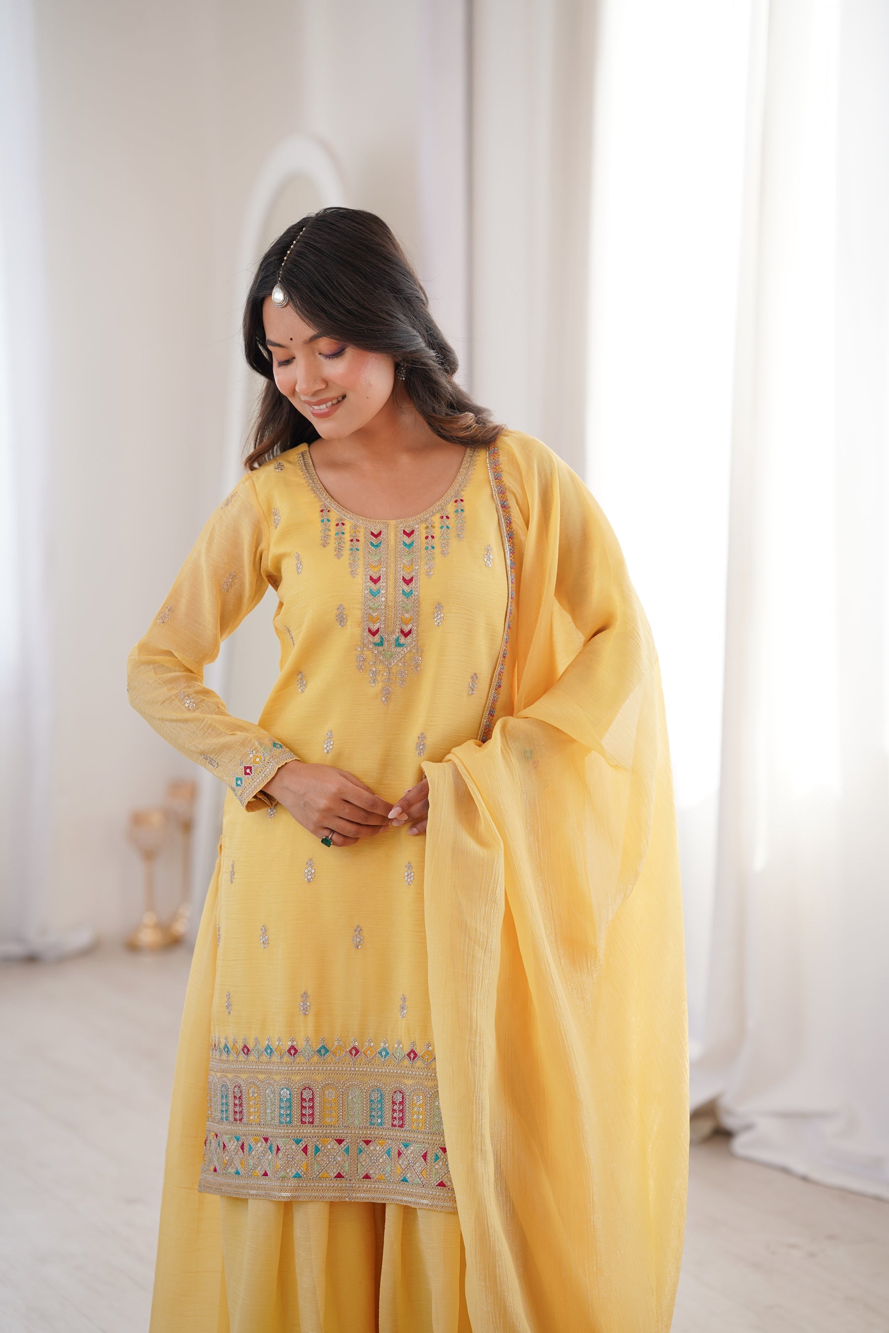 Lorenvalley Fashion Yellow Crunchy Silk with Embroidery Sequence, Dori, Jari Work Kurta Palazzo with Dupatta | Grocsy