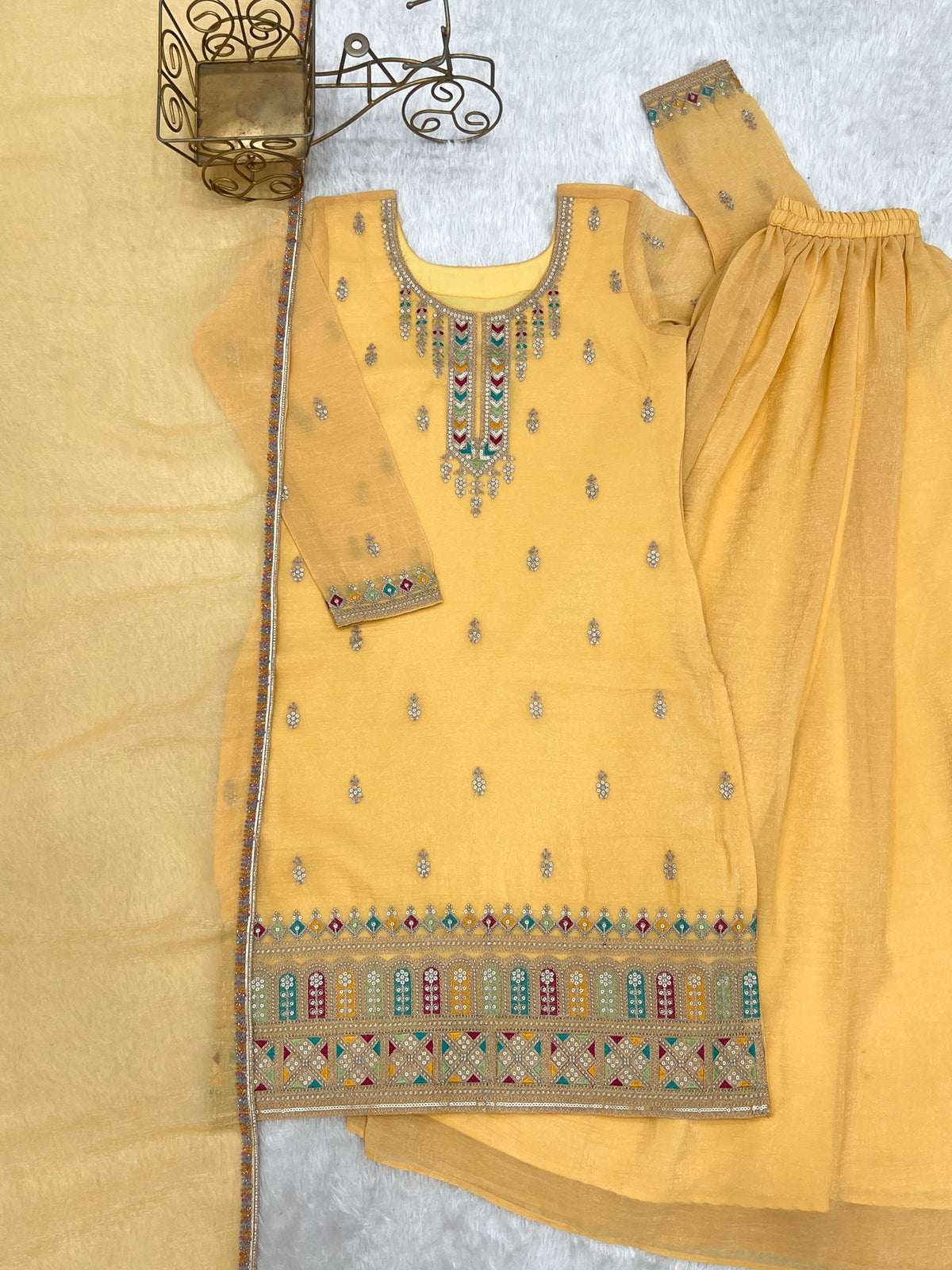 Lorenvalley Fashion Yellow Crunchy Silk with Embroidery Sequence, Dori, Jari Work Kurta Palazzo with Dupatta | Grocsy