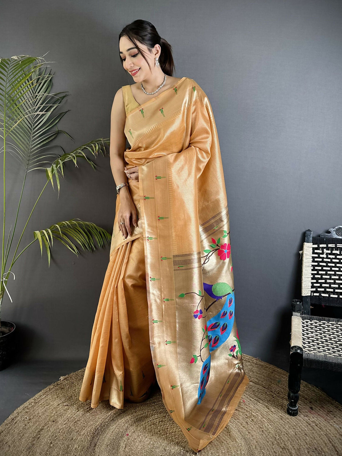 Joban Fashion Gold Yellow Peacock & Floral Motifs Tissue Paithani Saree | Grocsy