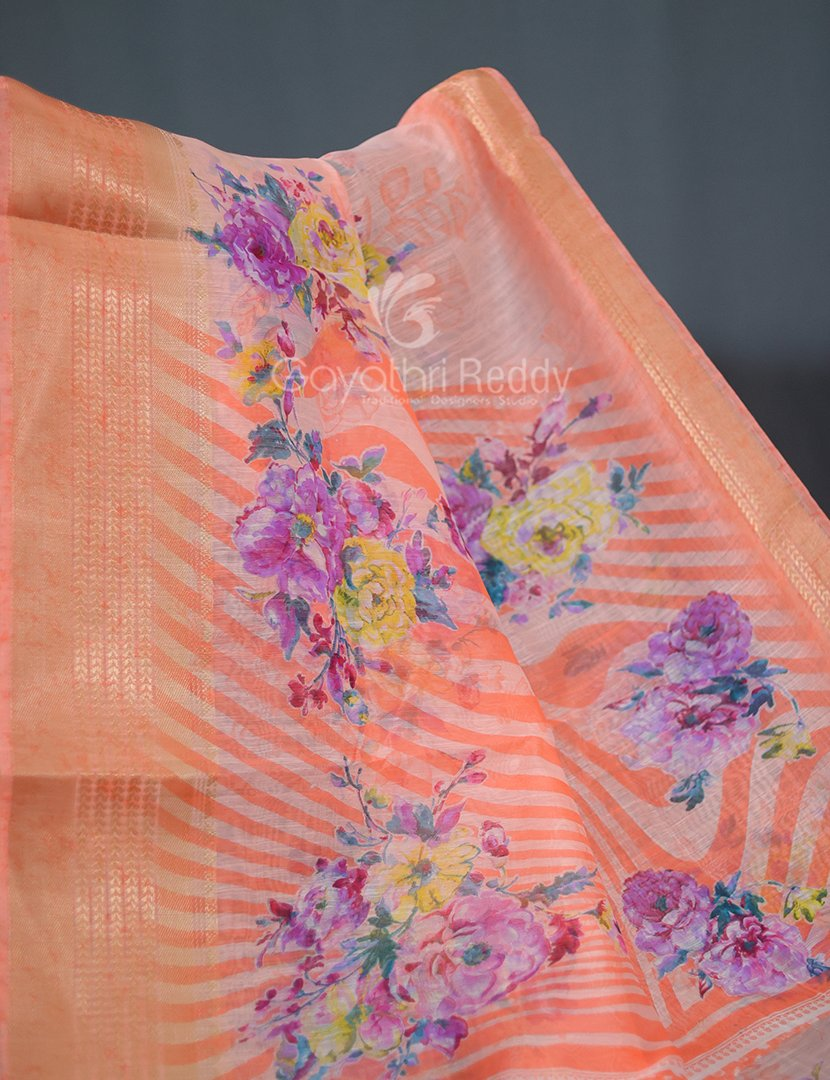 Shades of Light Peach With Floral Print Semi Chanderi Saree By Gayathri Reddy Designer Studio | Grocsy