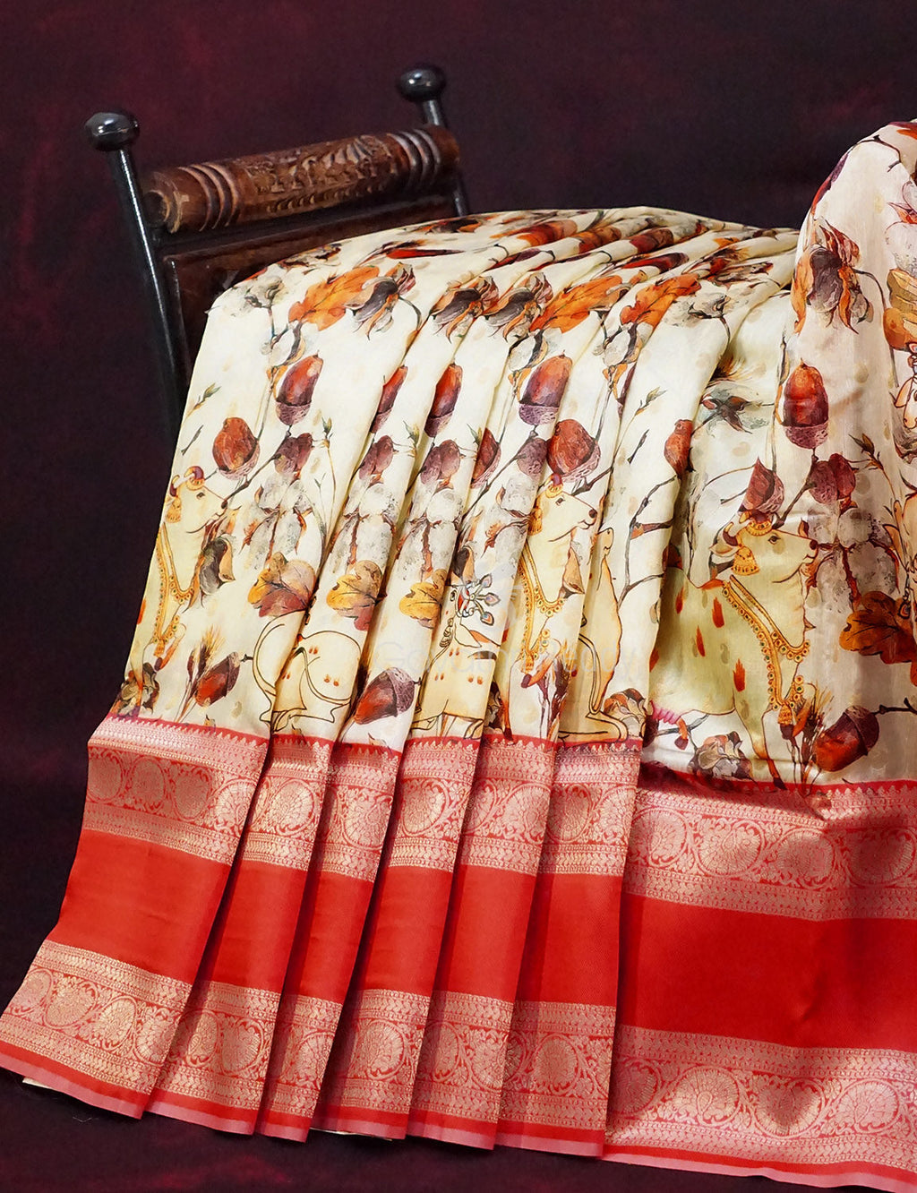 Milk White Banaras Border Pichwai Design Banarasi Semi Silk Saree By Gayathri Reddy Designer Studio | Grocsy