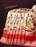 Milk White Banaras Border Pichwai Design Banarasi Semi Silk Saree By Gayathri Reddy Designer Studio | Grocsy