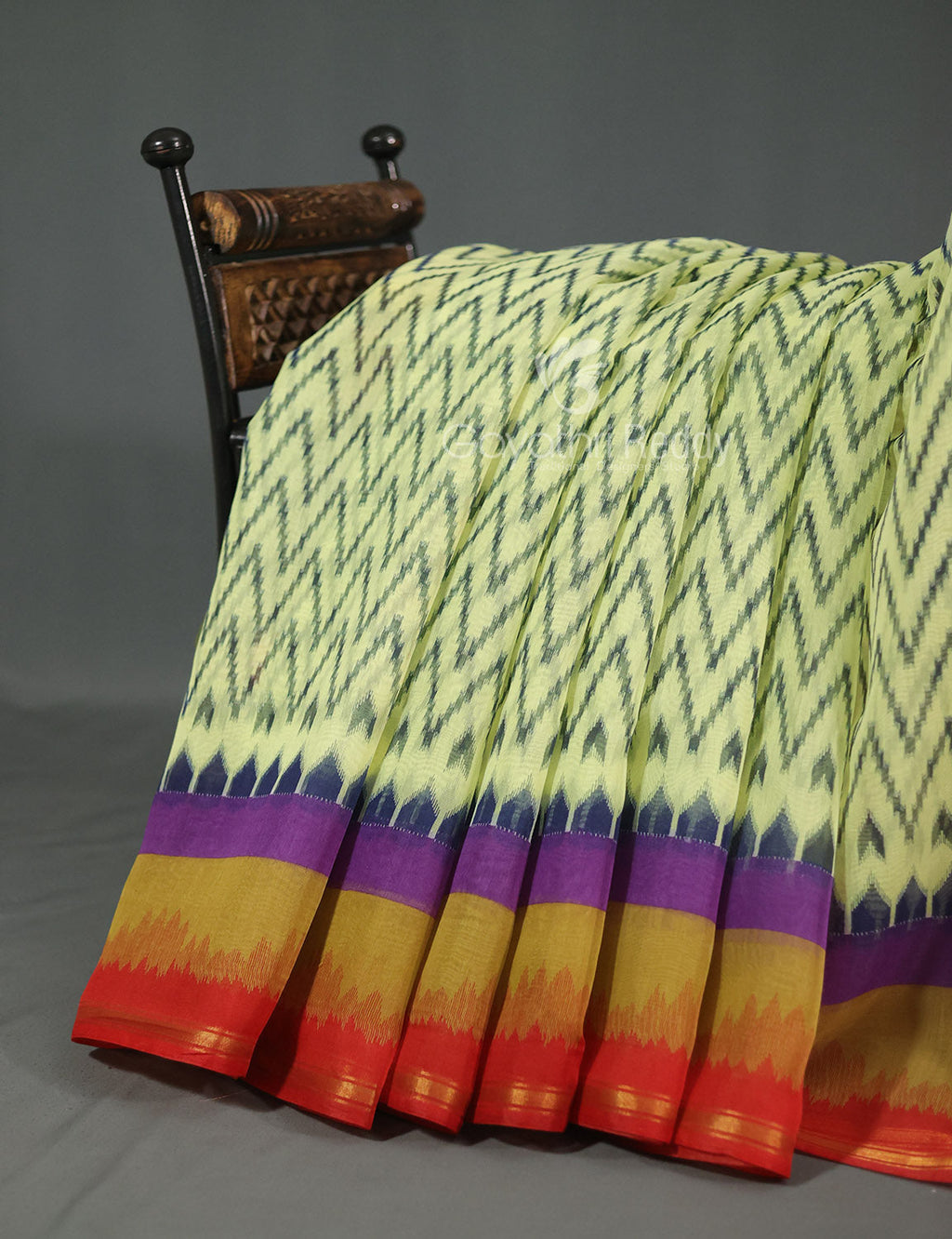 Shades of Light Apple Green And Orange Colour Blouse Ikat Design Semi Chanderi Saree By Gayathri Reddy Designer Studio | Grocsy