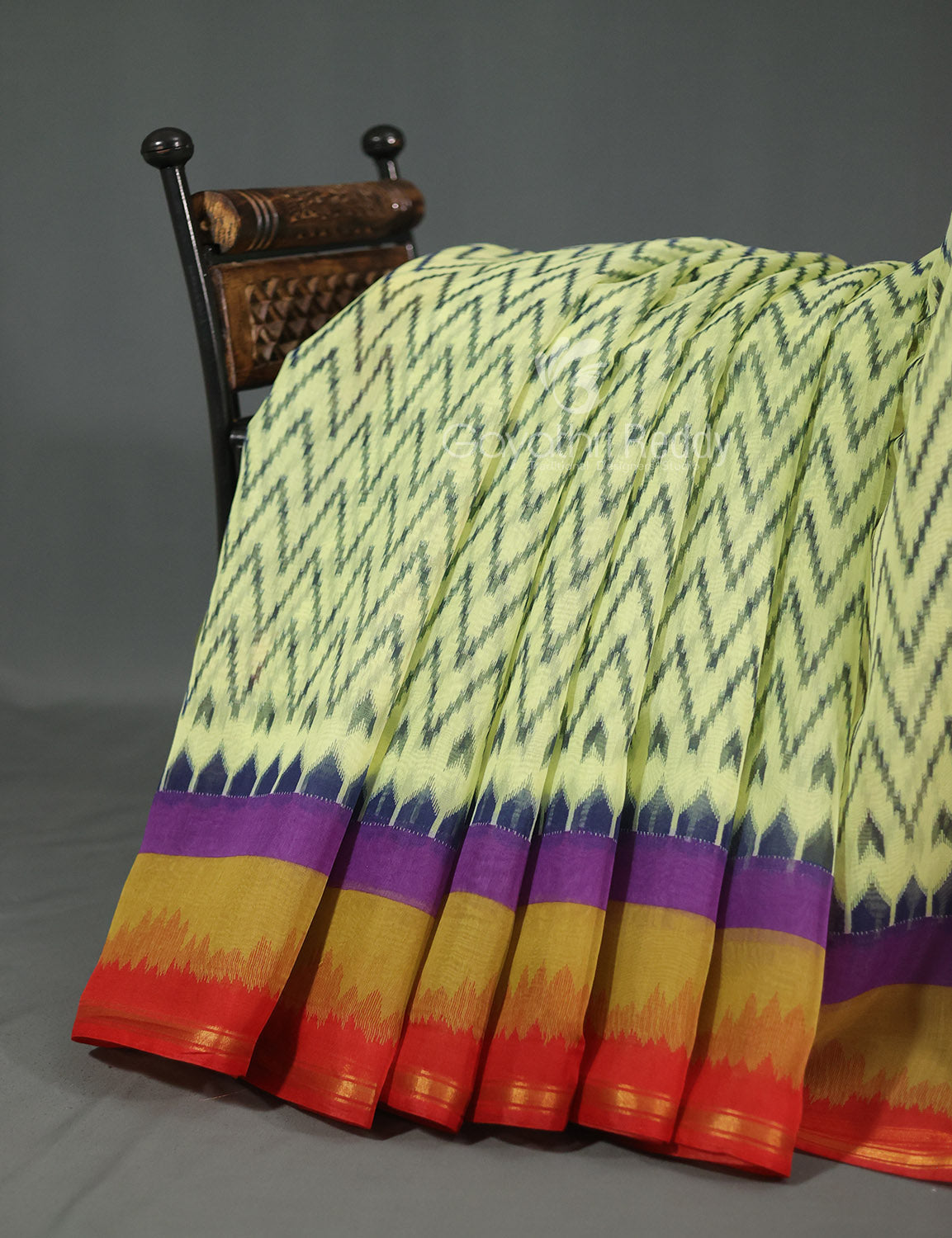 Shades of Light Apple Green And Orange Colour Blouse Ikat Design Semi Chanderi Saree By Gayathri Reddy Designer Studio | Grocsy