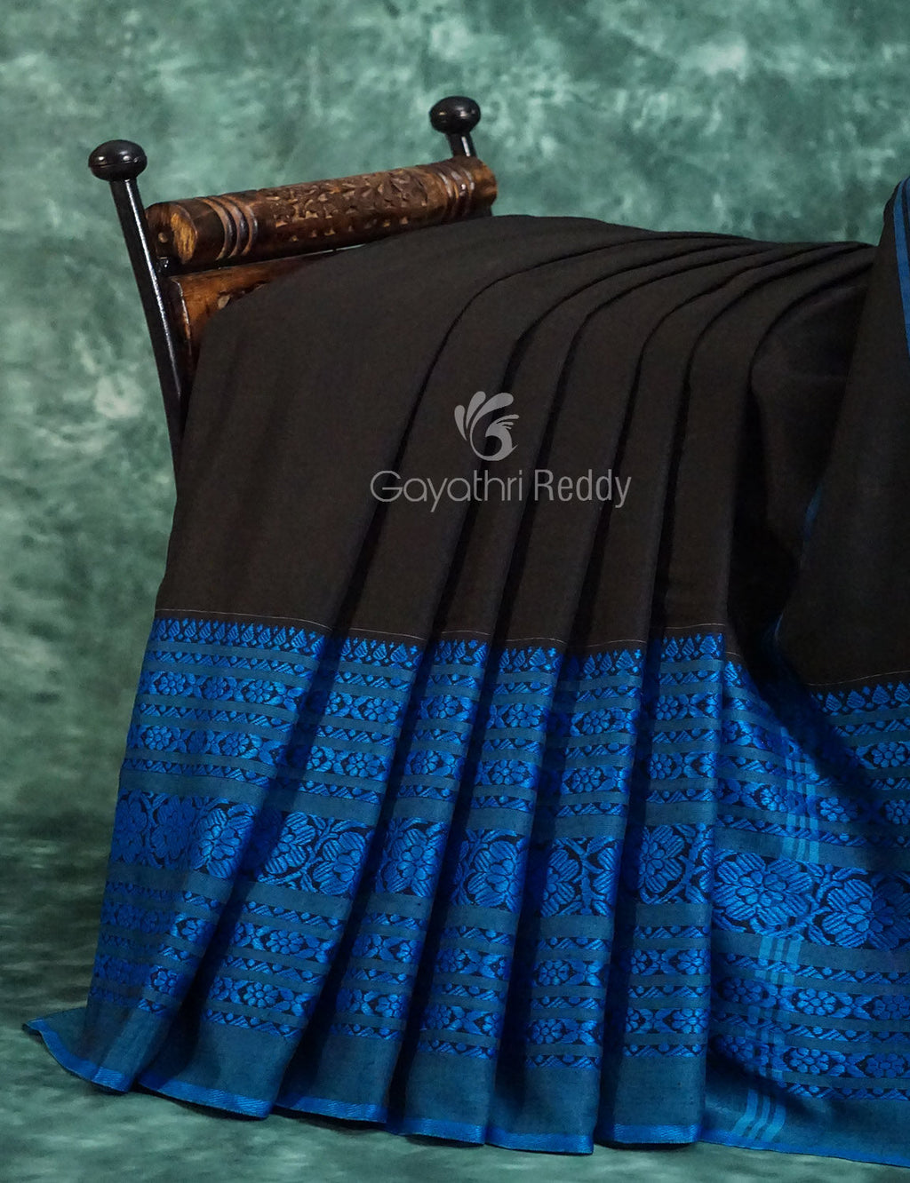 Black And Ink Blue Colour Contrast Thread Border Khadi Cotton Saree By Gayathri Reddy Designer Studio | Grocsy