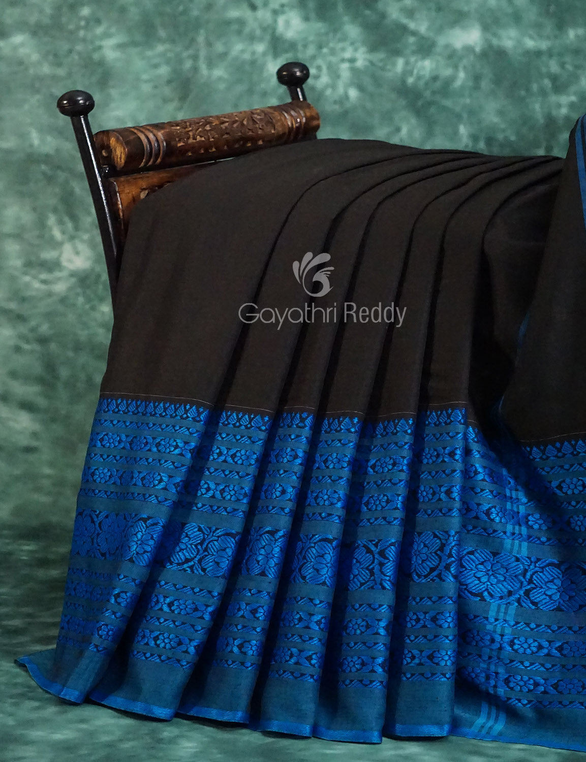 Black And Ink Blue Colour Contrast Thread Border Khadi Cotton Saree By Gayathri Reddy Designer Studio | Grocsy