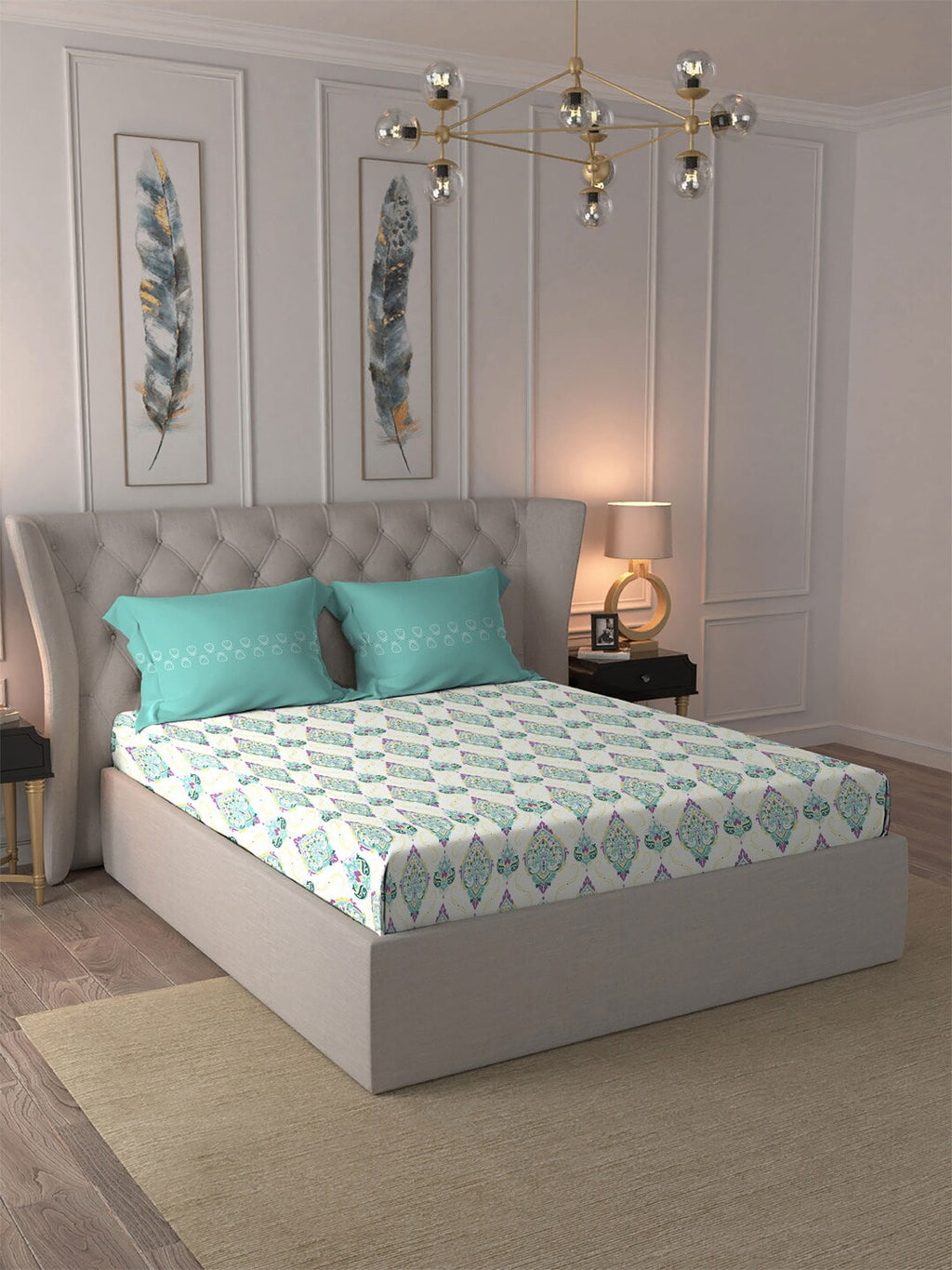 MYTRIDENT Moments White Blue Ethnic Motifs Pure Cotton 120 TC Bedsheet 2 Pillow Covers | Grocsy