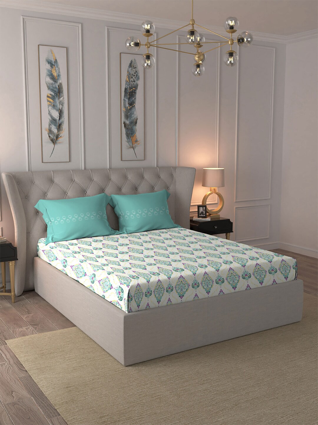 MYTRIDENT Moments White Blue Ethnic Motifs Pure Cotton 120 TC Bedsheet 2 Pillow Covers | Grocsy