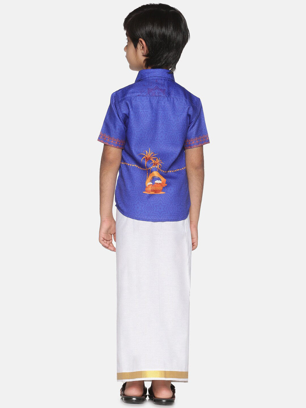 Sethukrishna Boys Blue & White Printed Shirt With Pure Cotton Dhoti Set | Grocsy