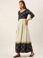HERE&NOW Women Blue & Cream-Coloured Ethnic Motifs Printed Anarkali Kurta With Dupatta | Grocsy