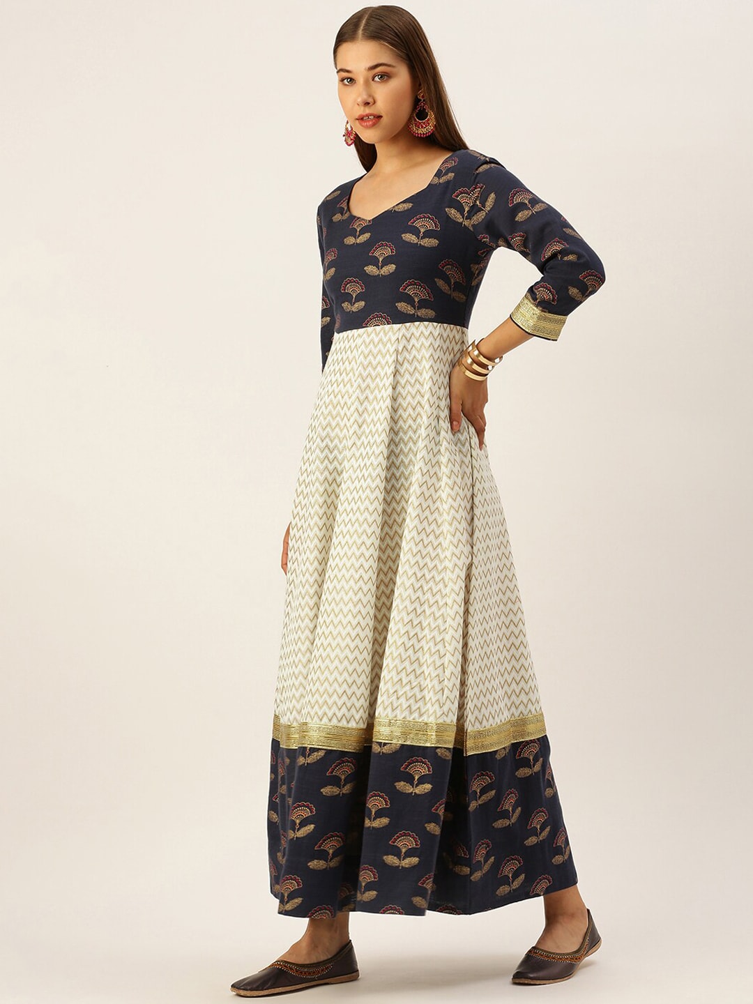 HERE&NOW Women Blue & Cream-Coloured Ethnic Motifs Printed Anarkali Kurta With Dupatta | Grocsy