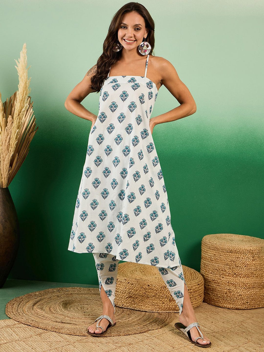 Sangria Floral Boota Printed Sleeveless A-Line Pure Cotton Kurta With Dhoti Pant | Grocsy