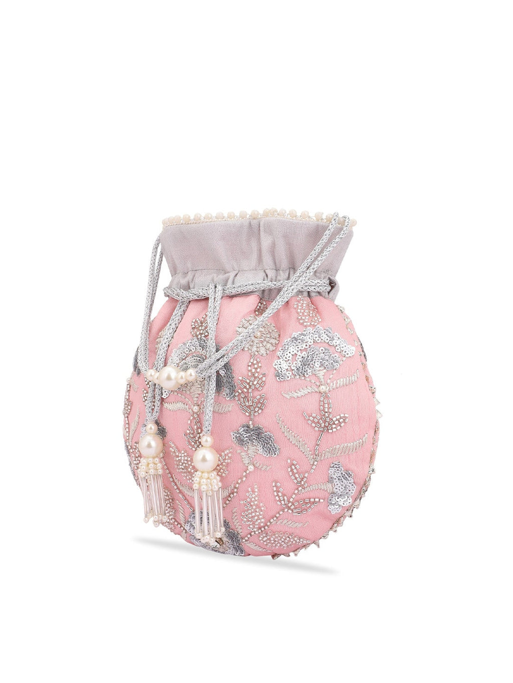 Masq Peach-Coloured & Grey Embroidered Potli Clutch | Grocsy