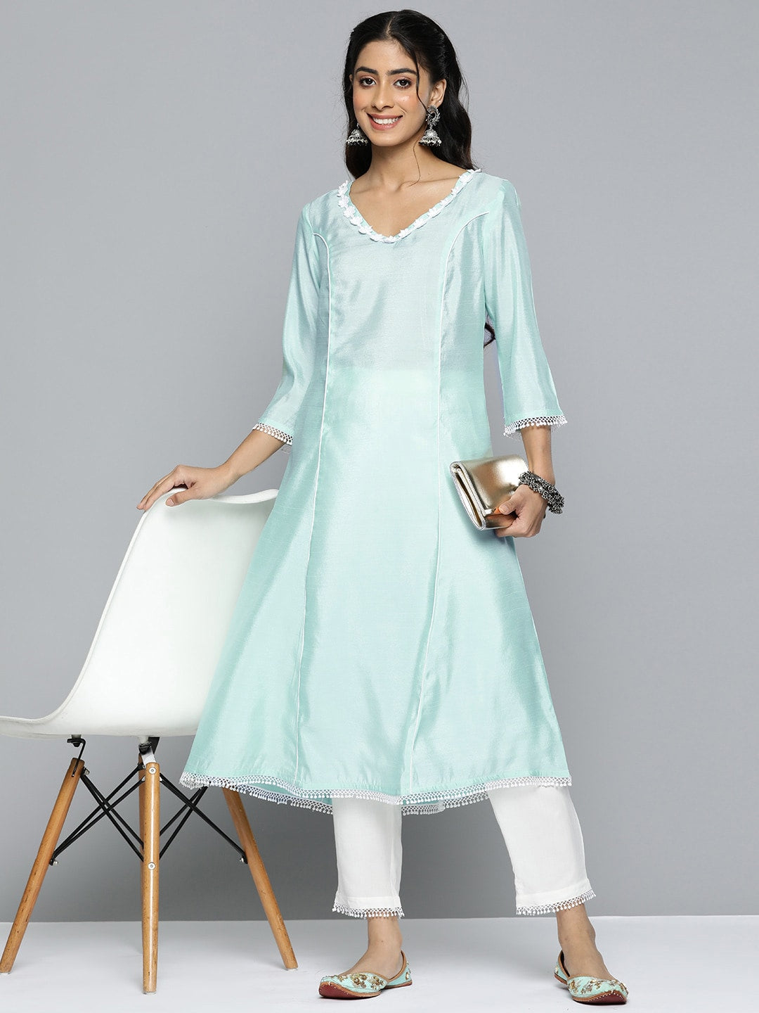 HERE&NOW Women Solid Panelled A-Line Kurta with Trousers | Grocsy