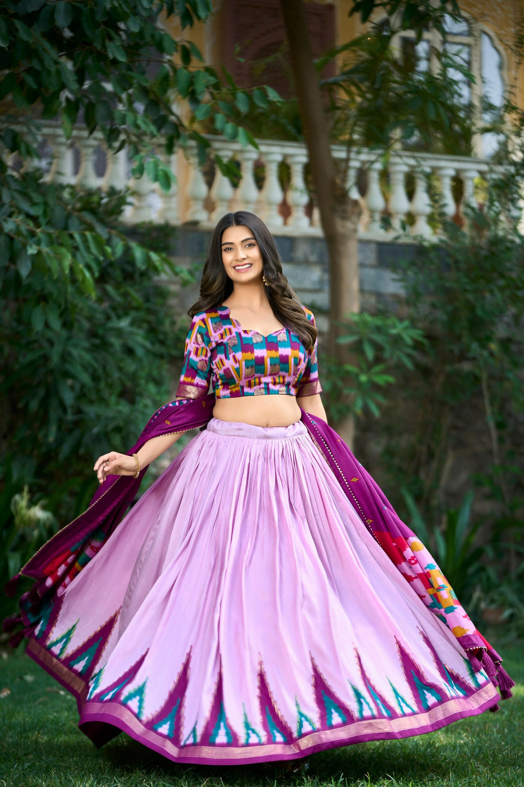 Vastranavya Luxurious Tussar Silk Print With Foil Work Lehenga Choli - Lavander | Grocsy