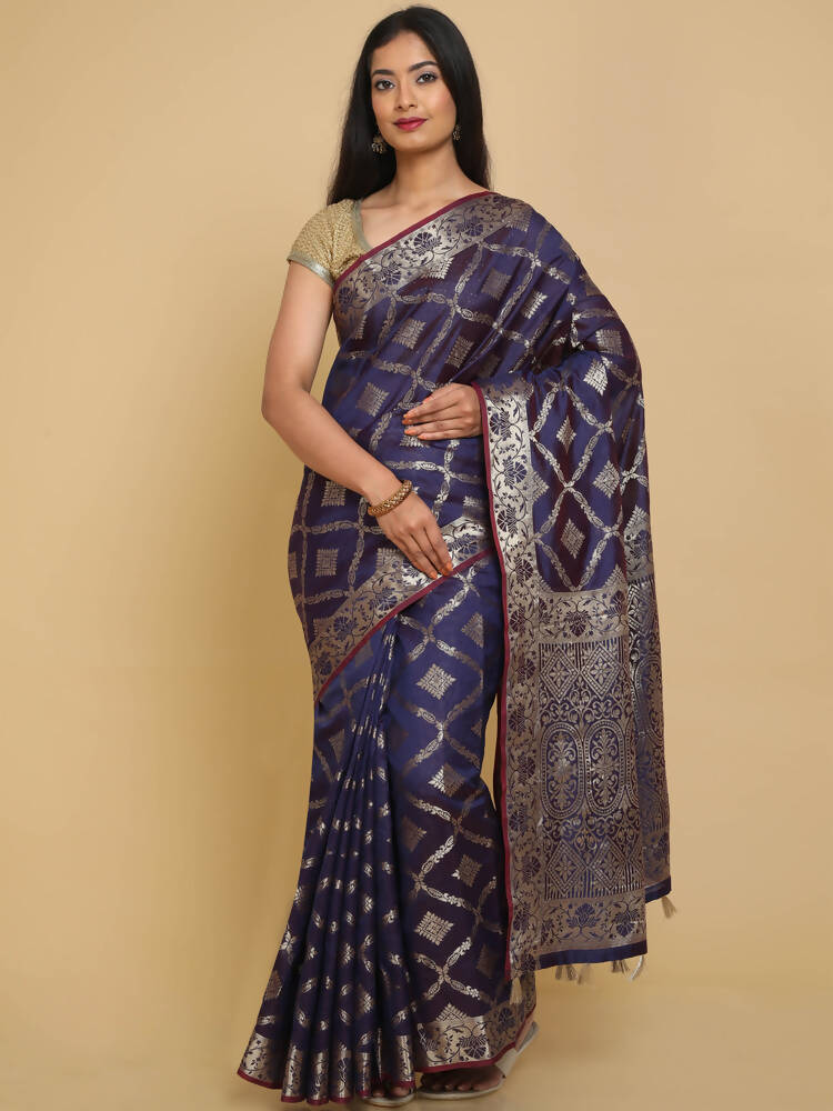 Kalamandir Checked Violet Silk Blend Saree | Grocsy