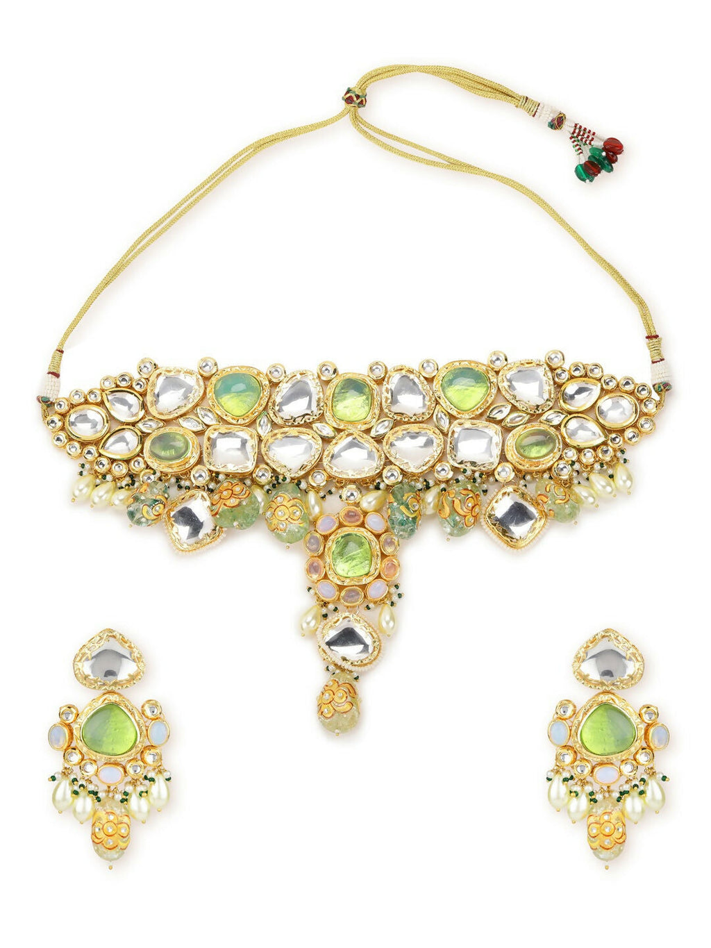 Green Maharani Kundan Neckpiece with Earrings and Maang Tikka- Ruby Raang | Grocsy
