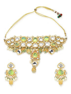 Green Maharani Kundan Neckpiece with Earrings and Maang Tikka- Ruby Raang | Grocsy