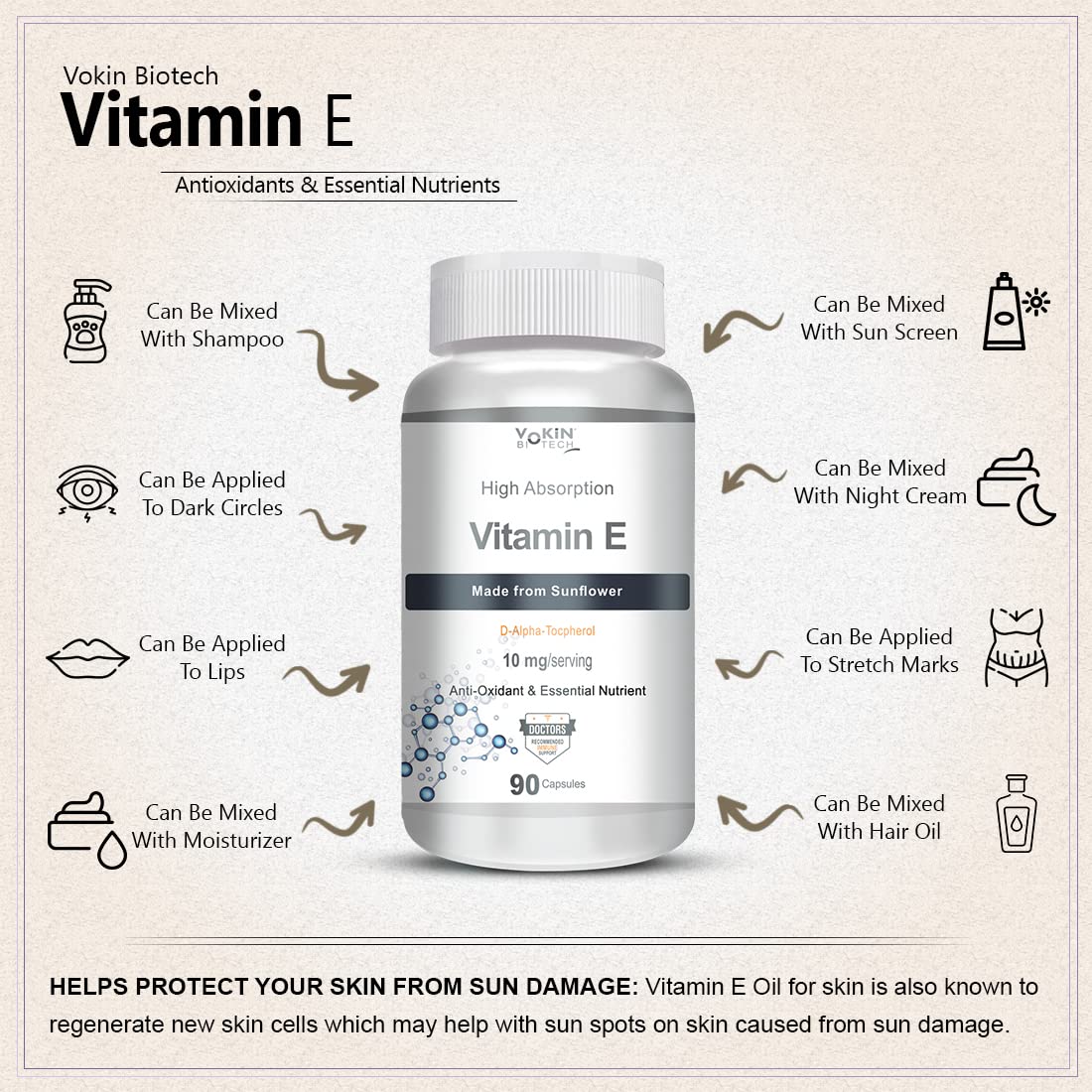 Vokin Biotech Natural Vitamin E from Sunflower - D-Alpha-Tocpherol - 10mg | Grocsy