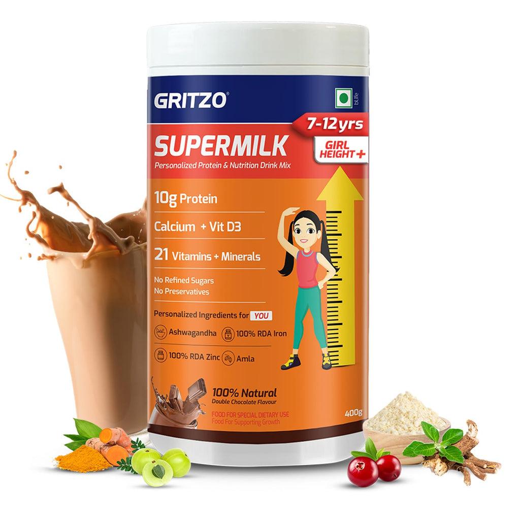 Gritzo SuperMilk Height+ Health Drink for 10-12y Girls - Double Chocolate Flavor | Grocsy