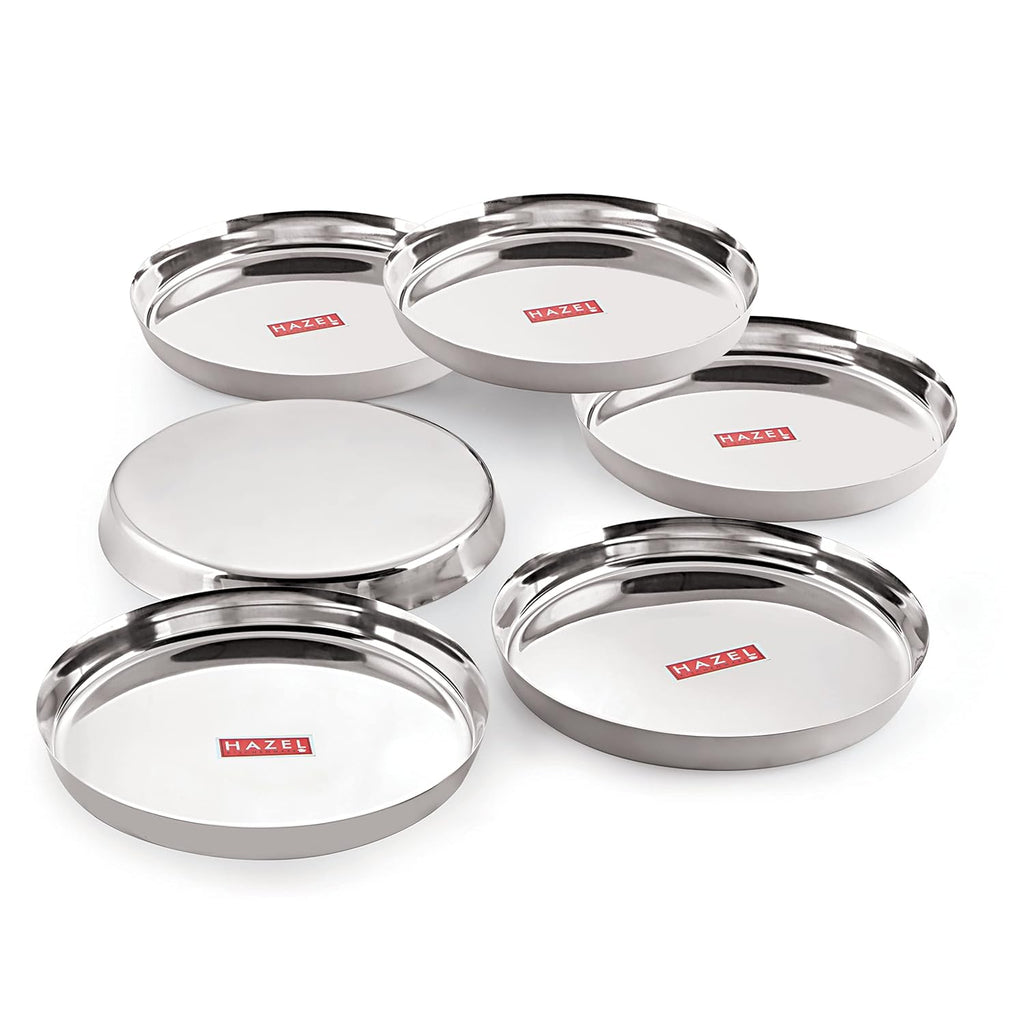 HAZEL Stainless Steel Plates Set|Dinner & Lunch Set of 6, 25.5 cm | Grocsy