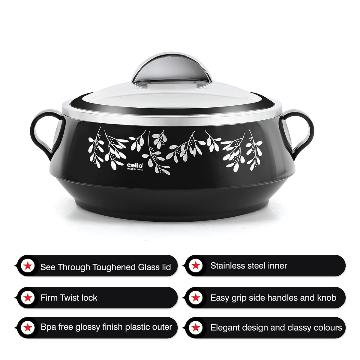 CELLO Glitter Casserole with Inner Steel 3 Unit, Black | Grocsy