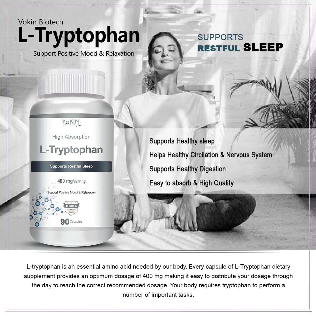 Vokin biotech L-Tryptophan – Support Positive Mood & Relaxation- 400mg | Grocsy