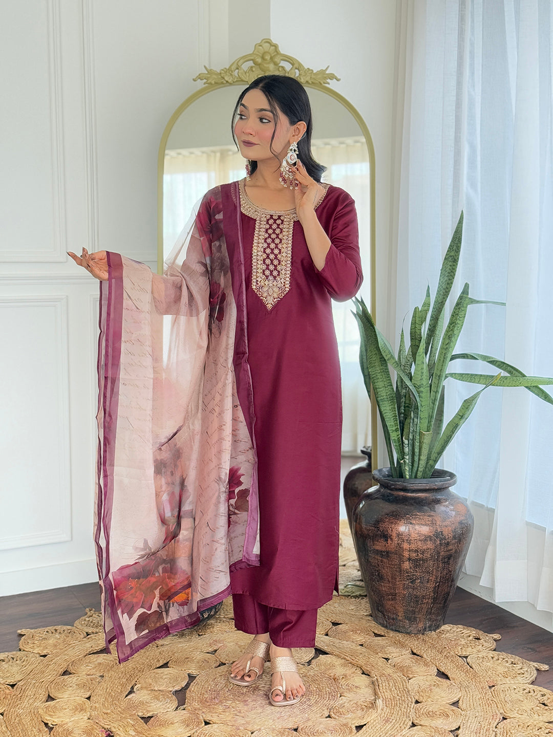 The52 Women's Gorgeous Rayon Embroidery Straight Kurta with Pant And Dupatta Set | Grocsy
