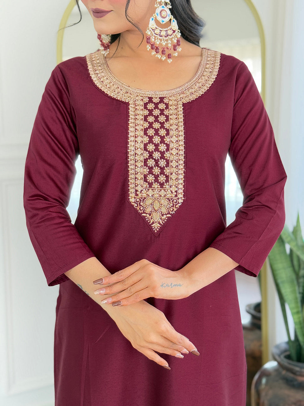 The52 Women's Gorgeous Rayon Embroidery Straight Kurta with Pant And Dupatta Set | Grocsy