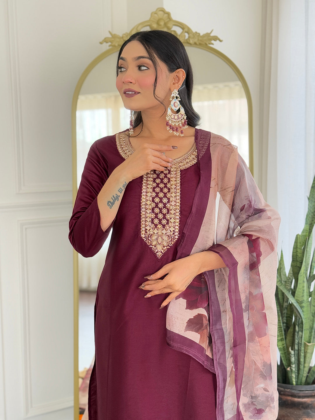 The52 Women's Gorgeous Rayon Embroidery Straight Kurta with Pant And Dupatta Set | Grocsy