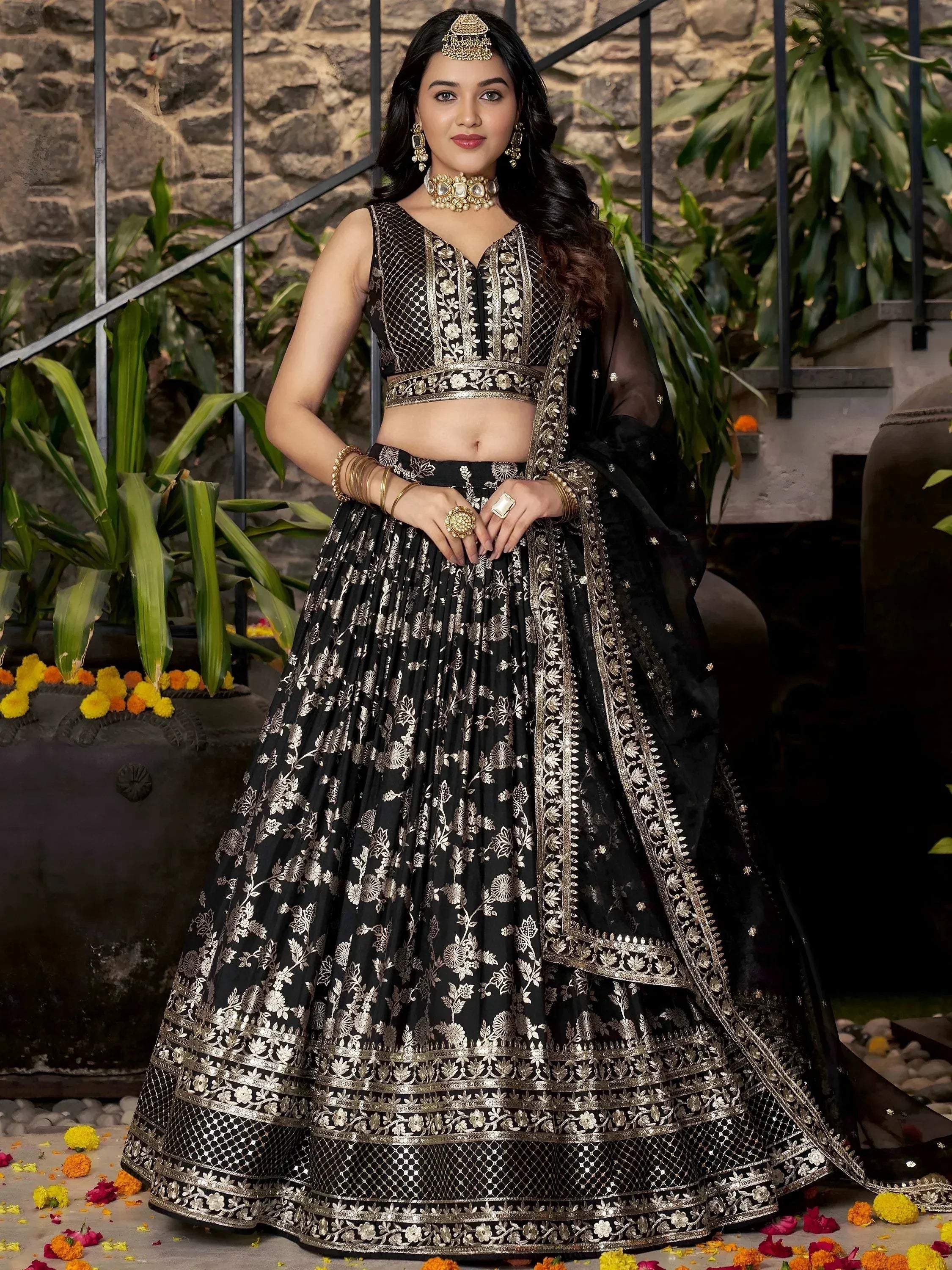 Tulsi Art Delicate Black Silk Zari Embroidered Lehenga Choli With Dupatta | Grocsy