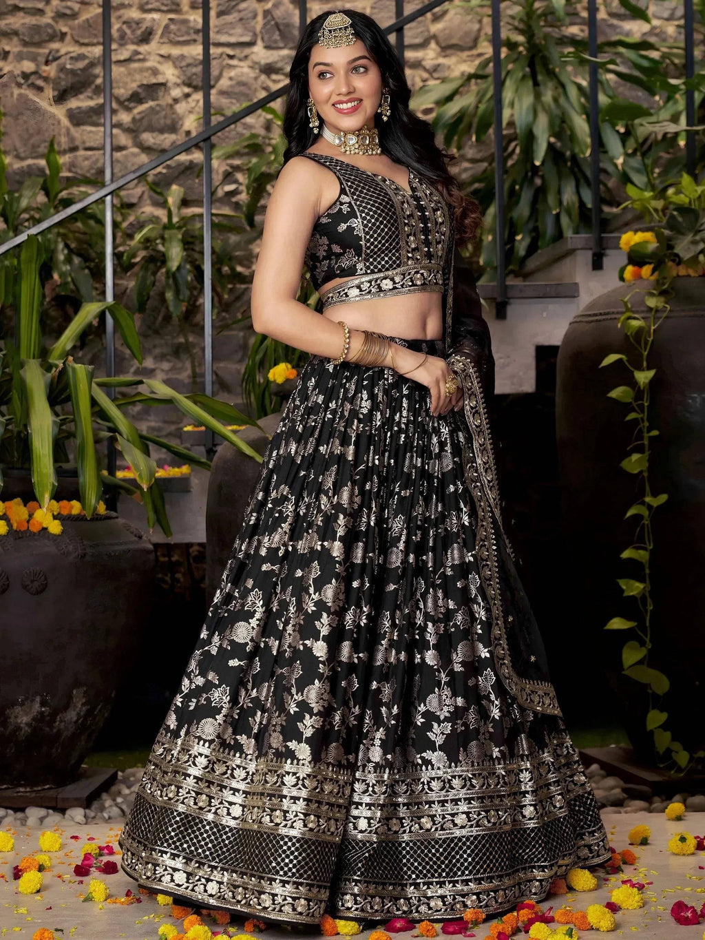 Tulsi Art Delicate Black Silk Zari Embroidered Lehenga Choli With Dupatta | Grocsy