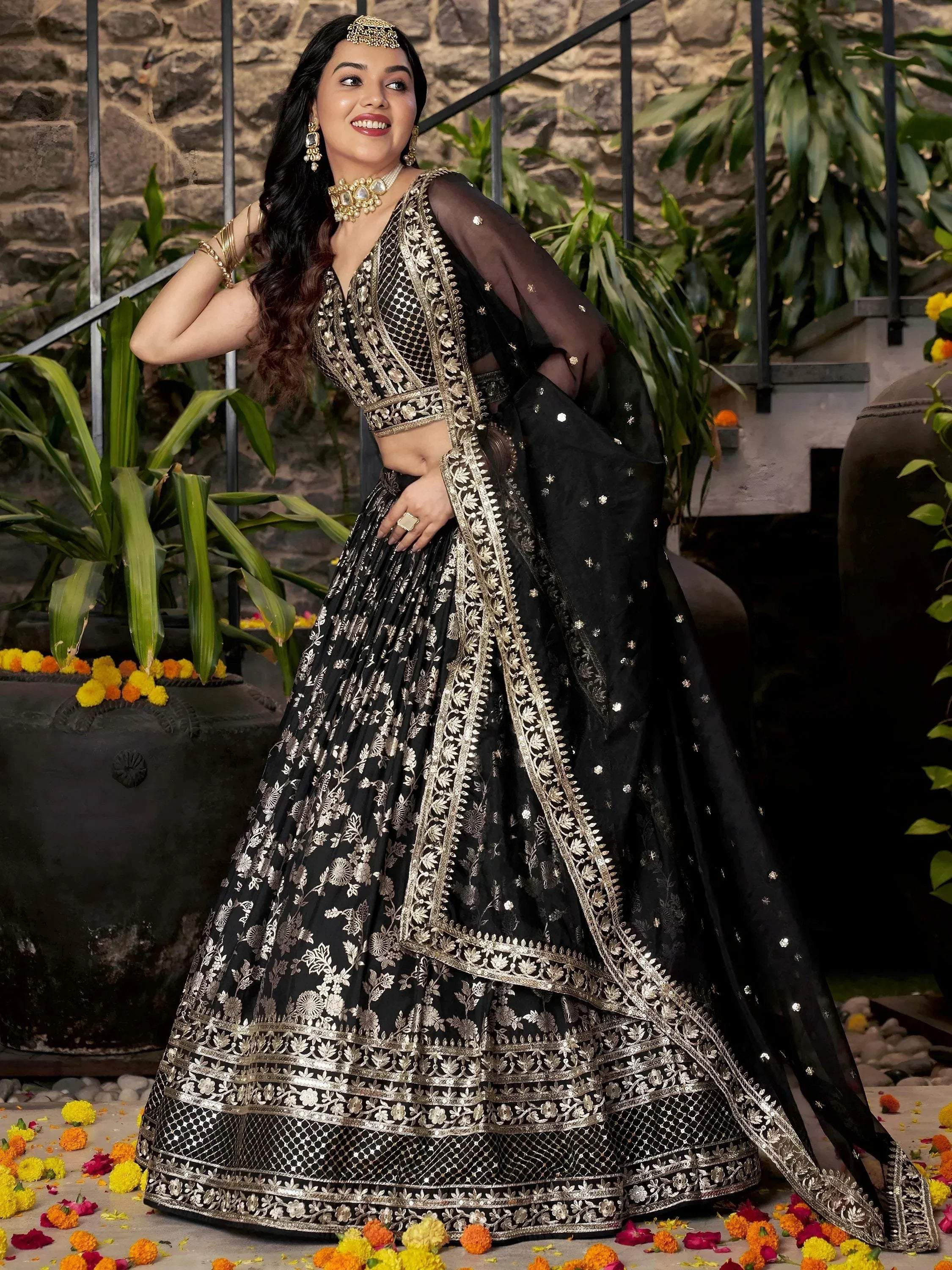 Tulsi Art Delicate Black Silk Zari Embroidered Lehenga Choli With Dupatta | Grocsy