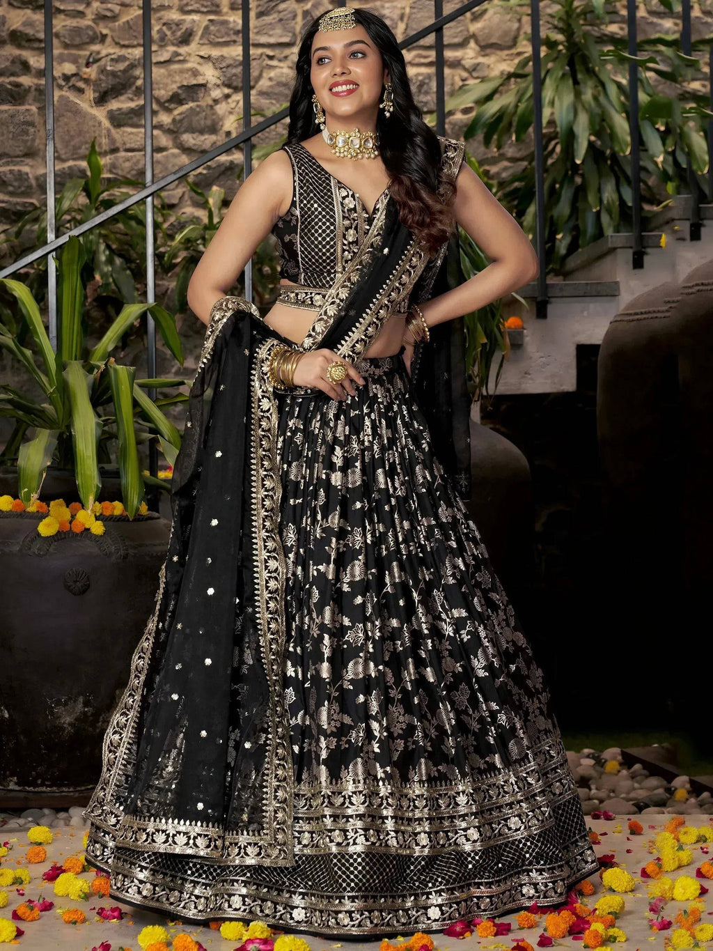 Tulsi Art Delicate Black Silk Zari Embroidered Lehenga Choli With Dupatta | Grocsy