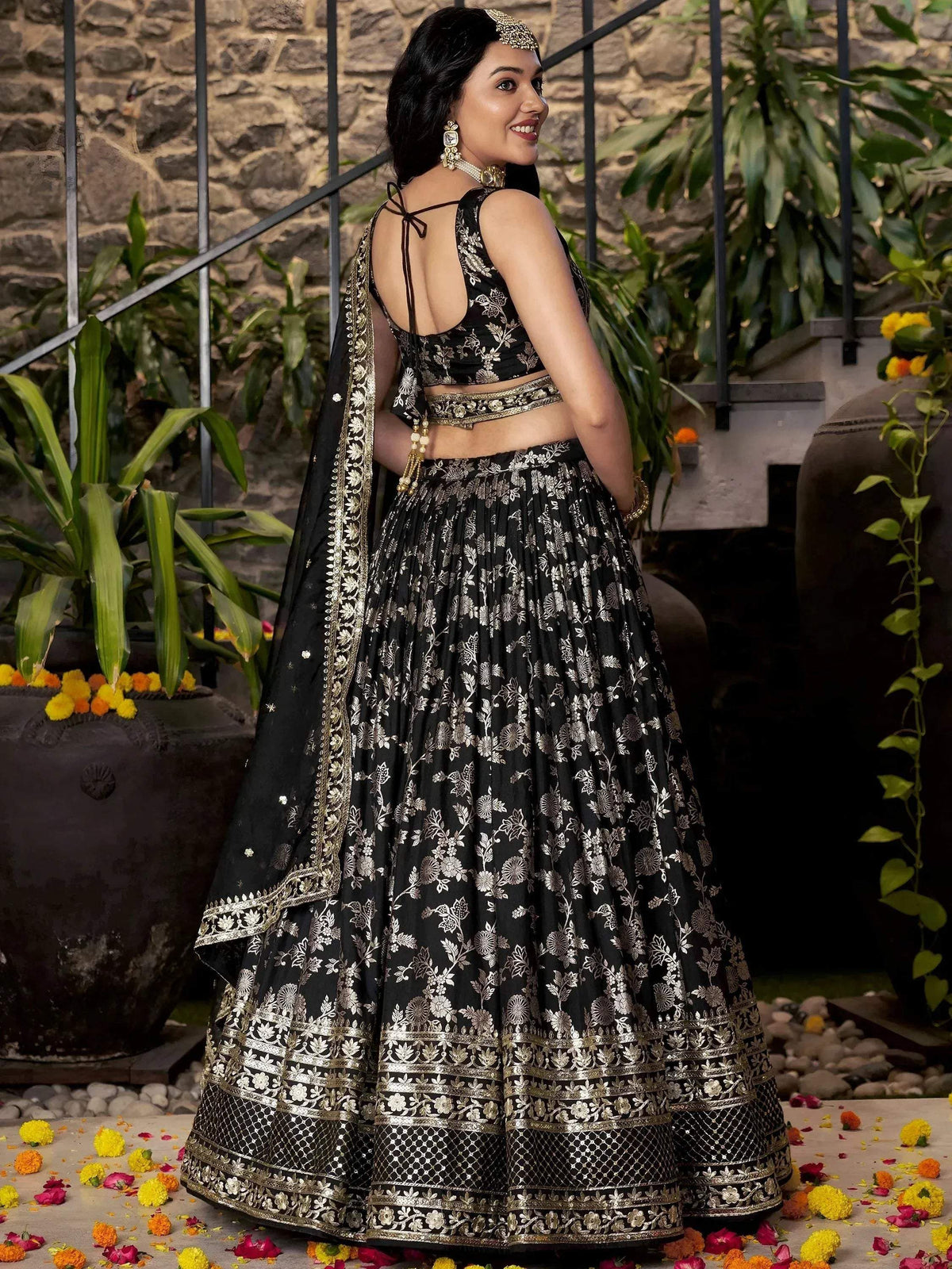 Tulsi Art Delicate Black Silk Zari Embroidered Lehenga Choli With Dupatta | Grocsy