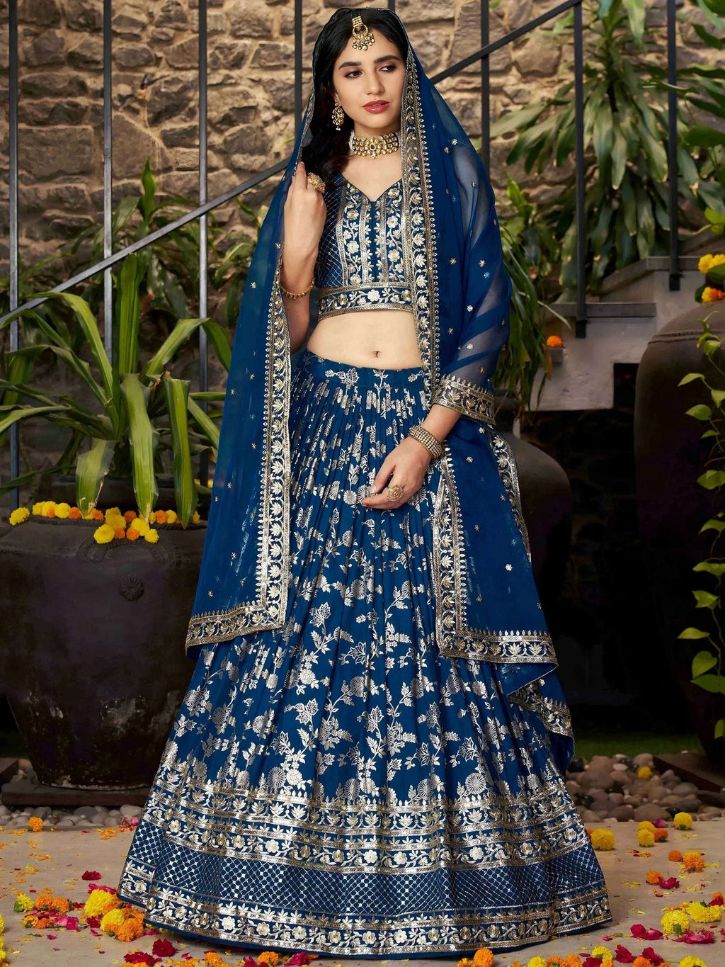 Tulsi Art Sweet Dove Blue Zari Embroidered Designer Lehenga Choli | Grocsy