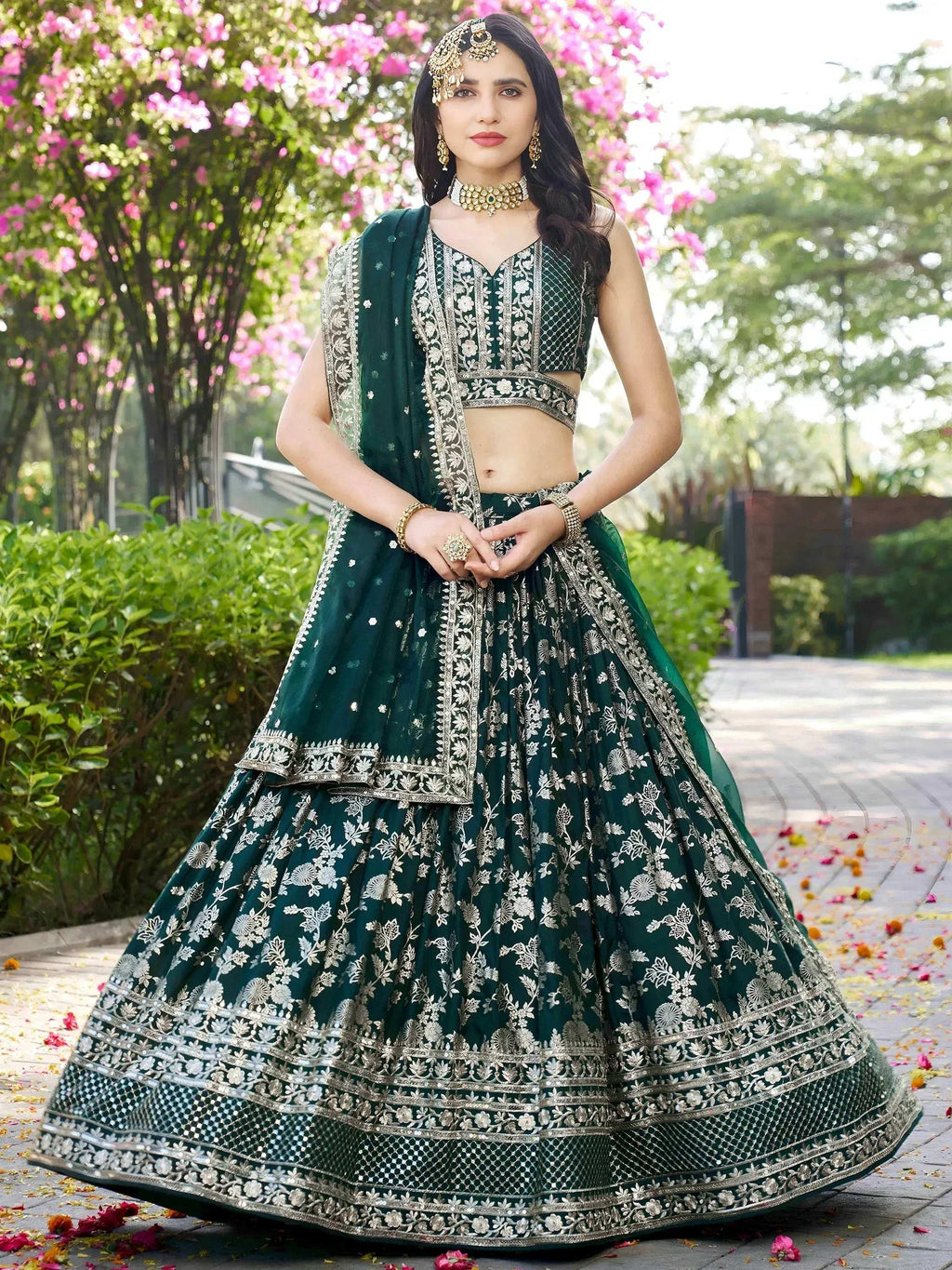Tulsi Art Feminine Green Sequins Mehendi Wear Lehenga Choli | Grocsy