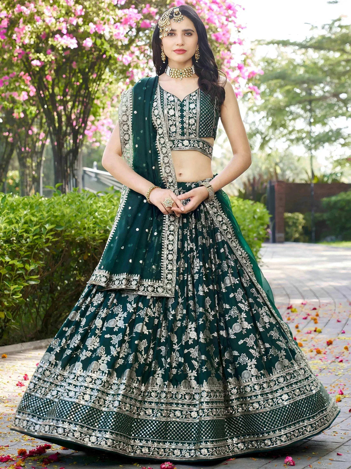 Tulsi Art Feminine Green Sequins Mehendi Wear Lehenga Choli | Grocsy