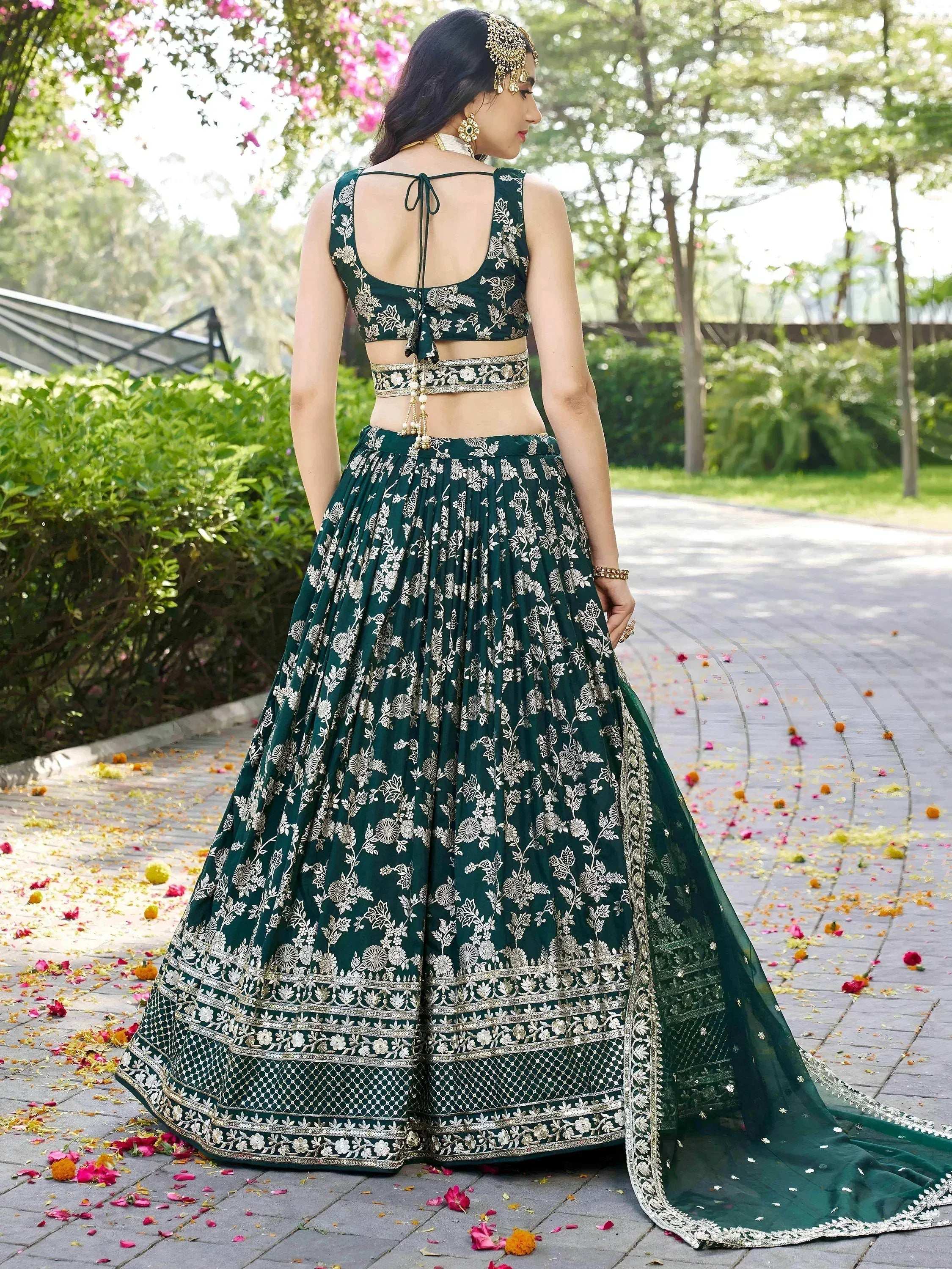 Tulsi Art Feminine Green Sequins Mehendi Wear Lehenga Choli | Grocsy