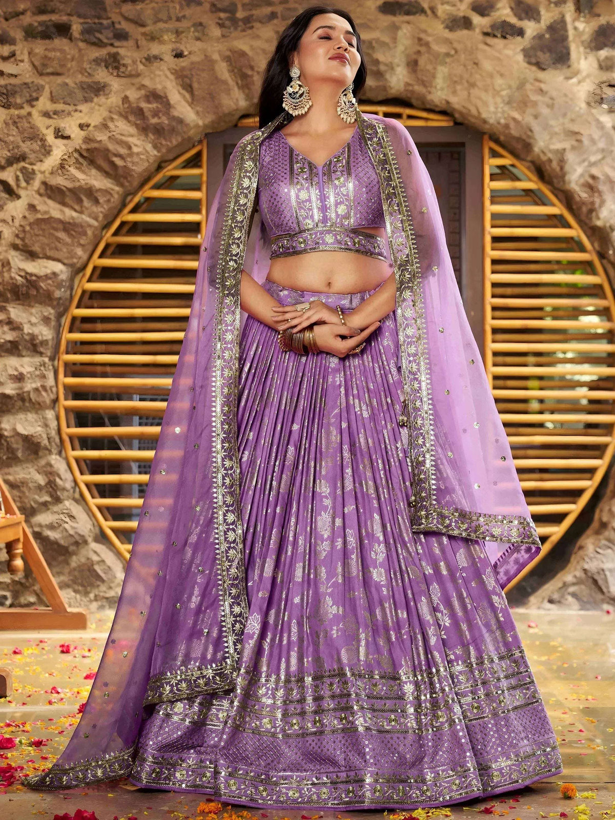 Tulsi Art Enchanting Lavender Thread Embroidered Silk Lehenga Choli | Grocsy