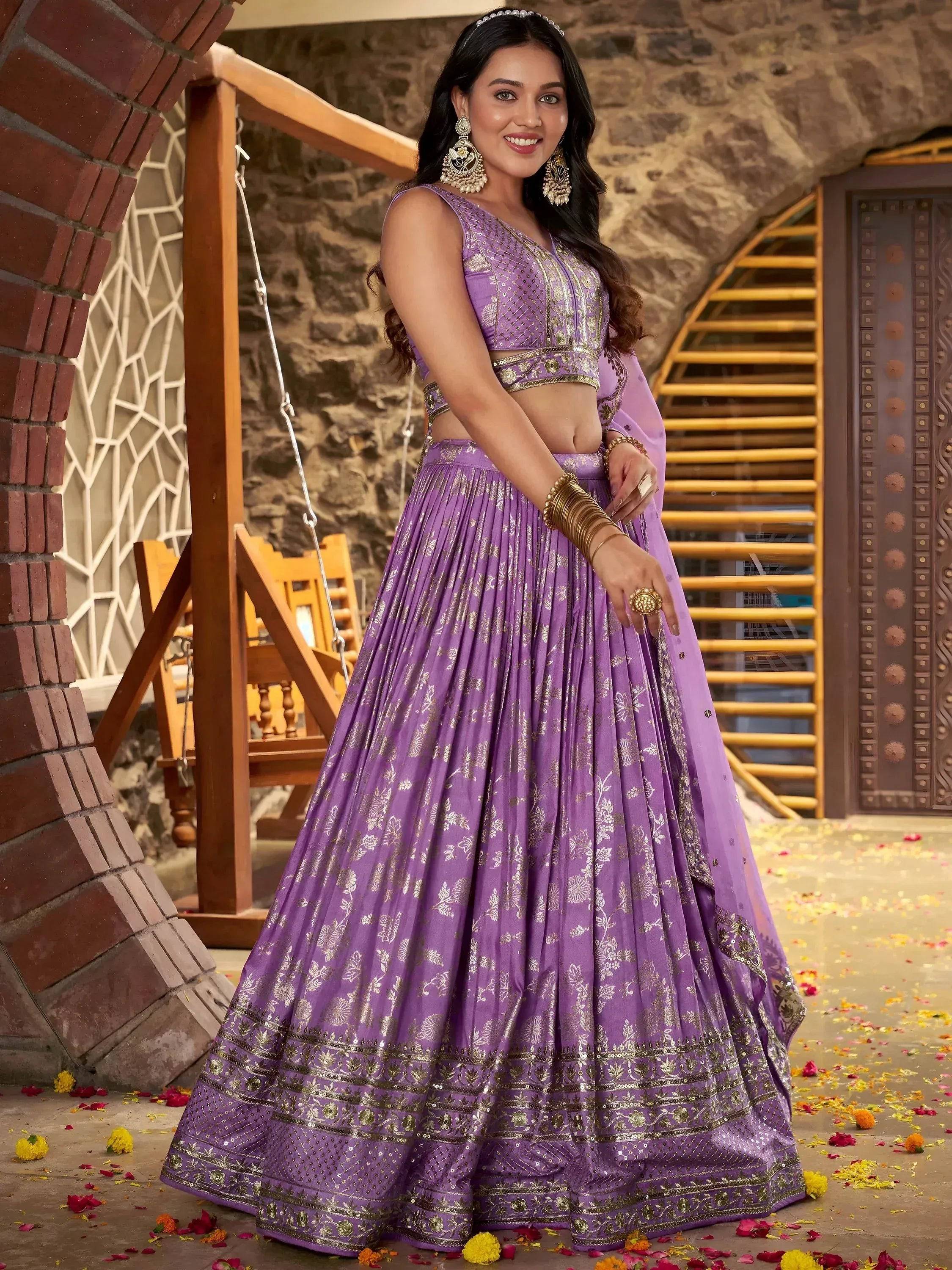 Tulsi Art Enchanting Lavender Thread Embroidered Silk Lehenga Choli | Grocsy