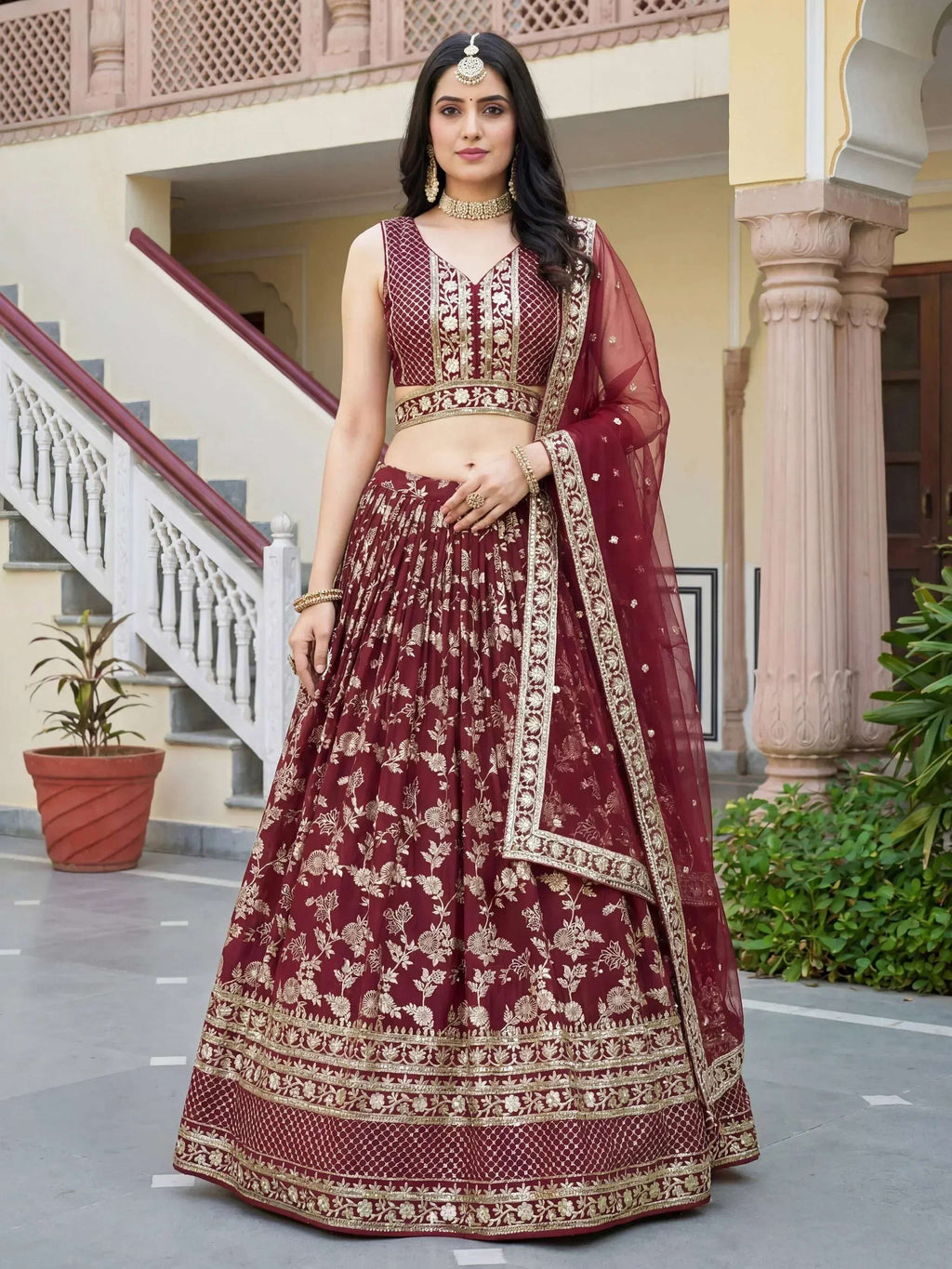 Tulsi Art Amazing Maroon Sequins Dola Silk Wedding Wear Lehenga Choli | Grocsy