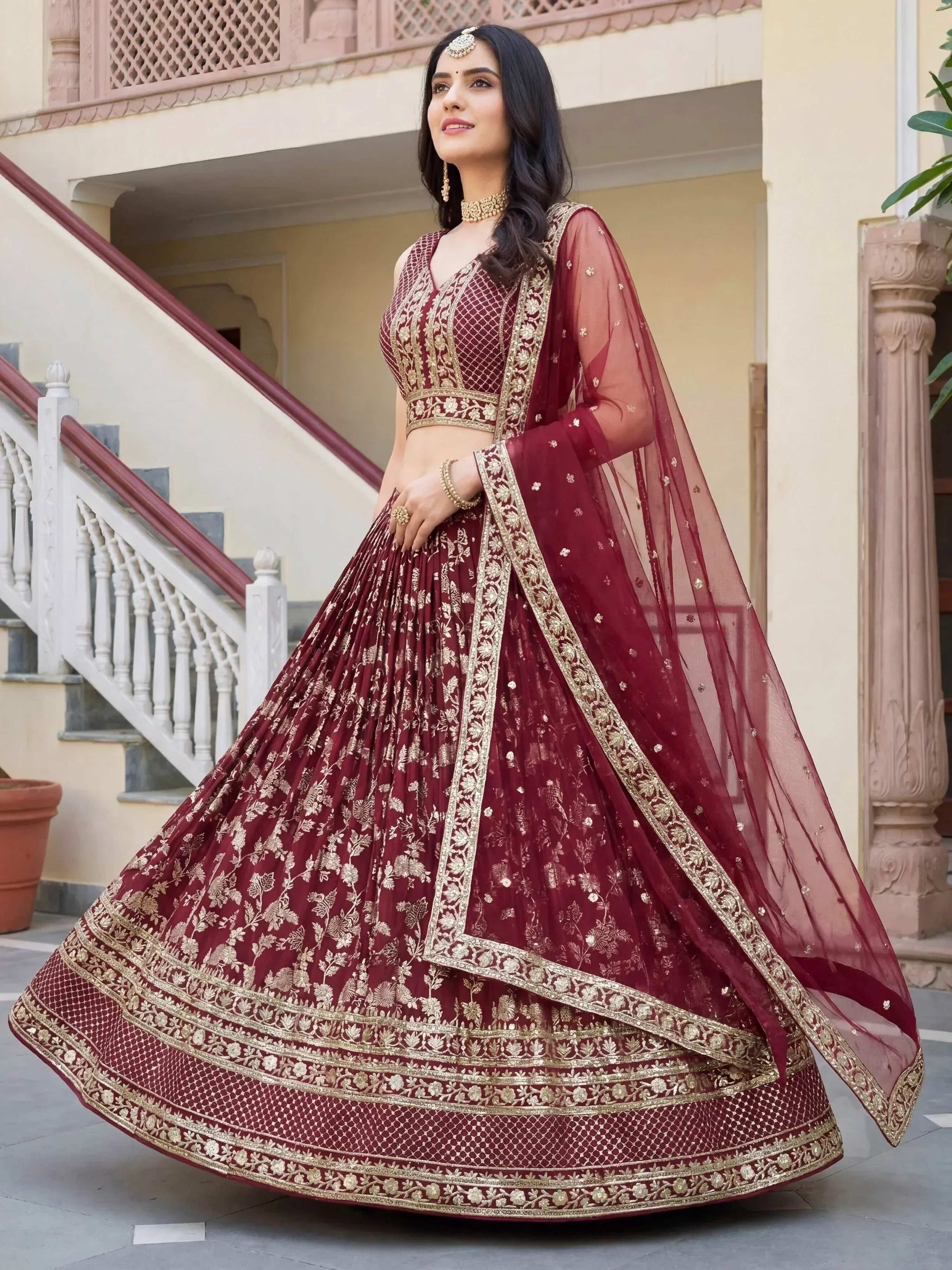 Tulsi Art Amazing Maroon Sequins Dola Silk Wedding Wear Lehenga Choli | Grocsy