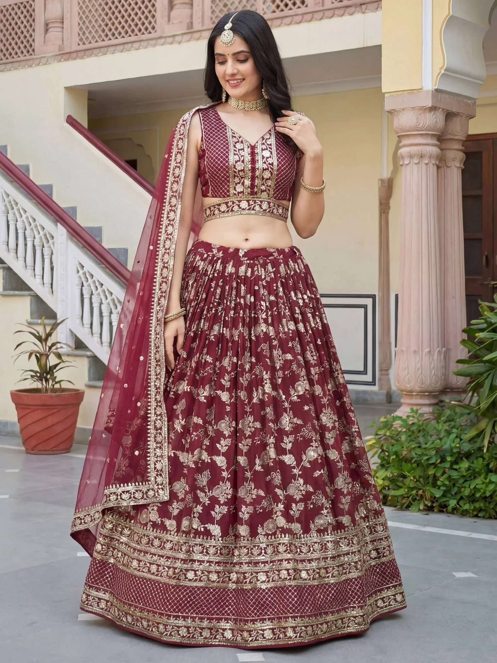 Tulsi Art Amazing Maroon Sequins Dola Silk Wedding Wear Lehenga Choli | Grocsy