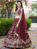Tulsi Art Impressive Maroon Thread Work Silk Lehenga Choli With Dupatta | Grocsy